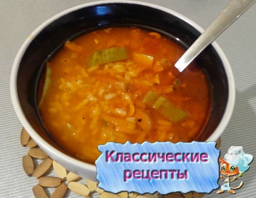 Вкусный суп харчо из копченой колбасы с рисом