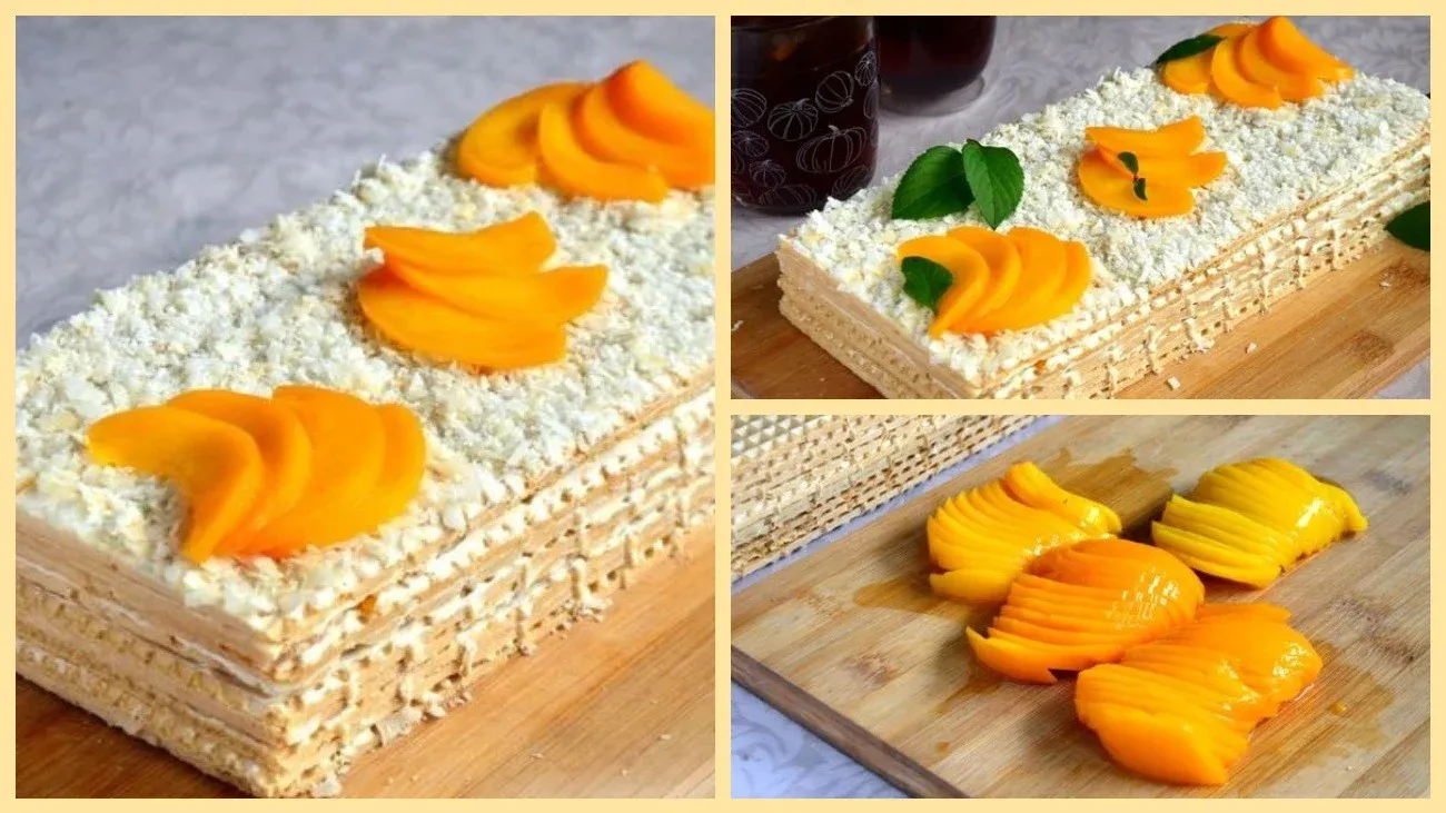 Вафельный торт с консервированными персиками