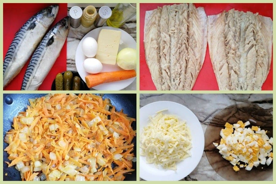 Рулет из скумбрии, фаршированной маринованными огурцами, яйцами и сыром