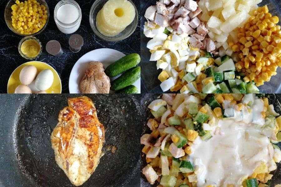 Королевский салат: курица с ананасами, огурцами и кукурузой