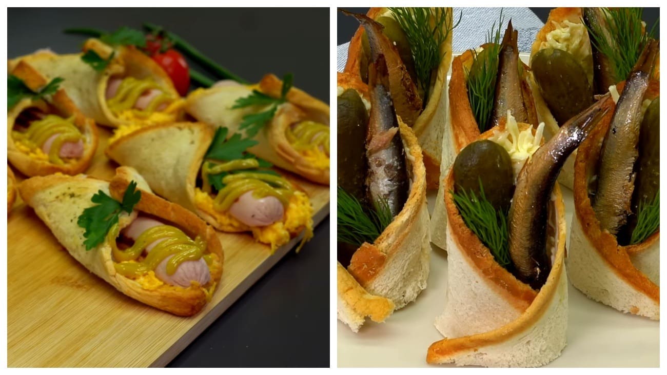 Закуски из тостового хлеба с сосиской и шпротами