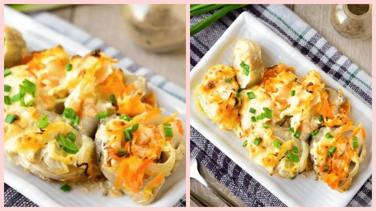 Минтая под овощами со сметанным соусом