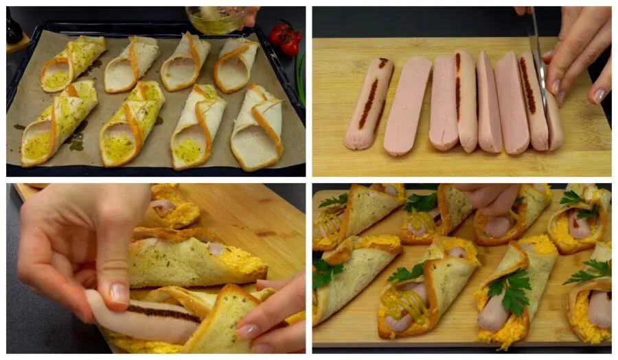 Закуска из тостового хлеба с сосисками