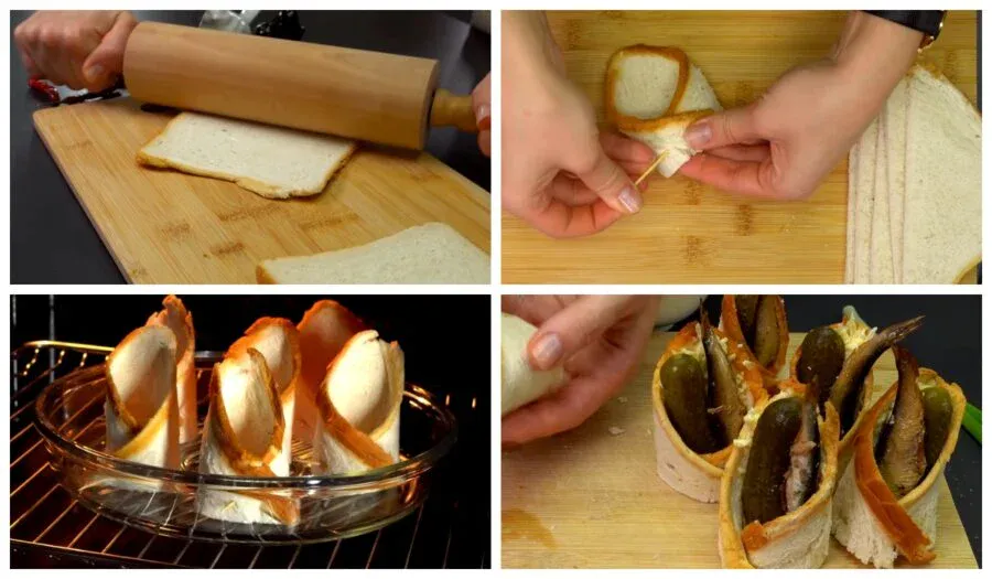 Закуска из тостового хлеба со шпротами и маринованным огурцом