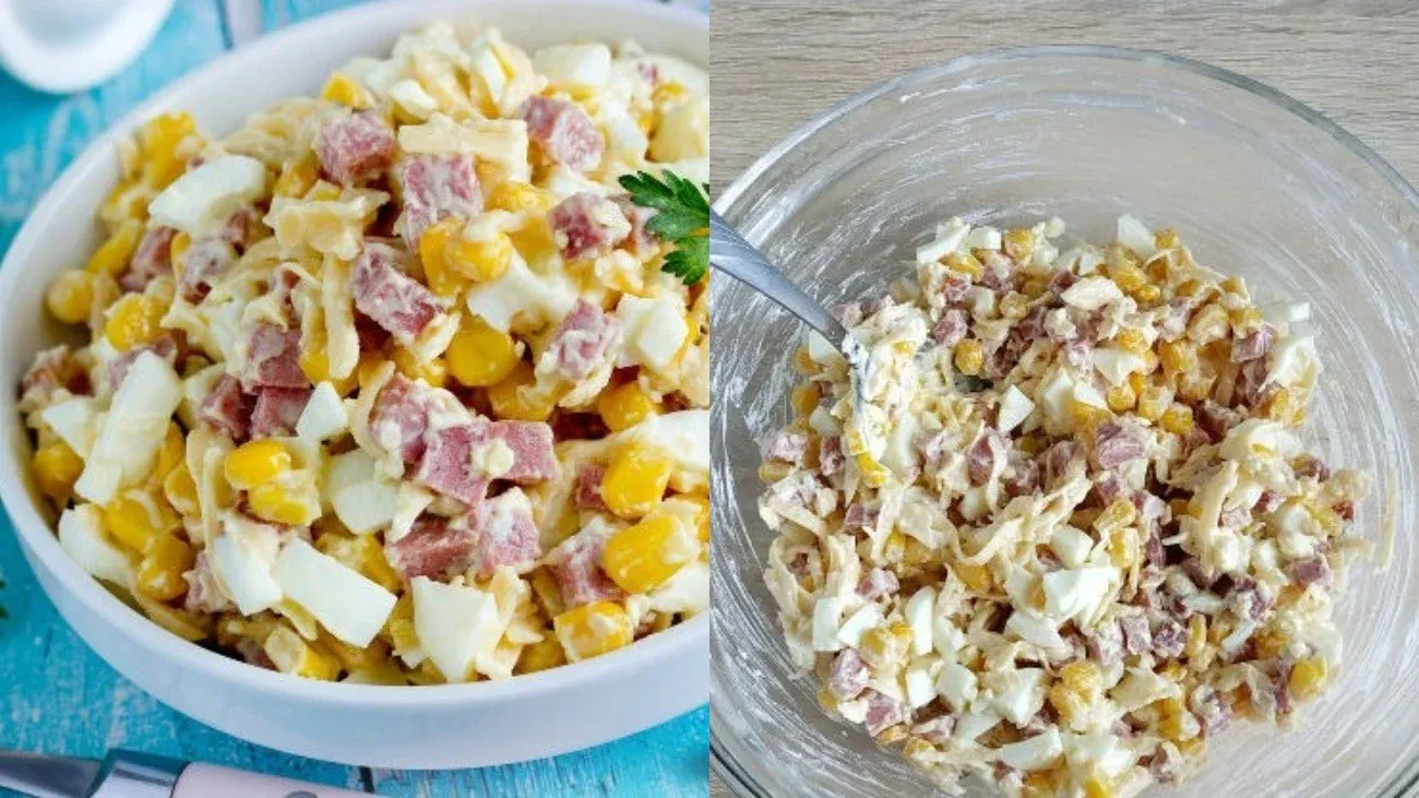 Рецепт салата с колбасой, сыром и кукурузой