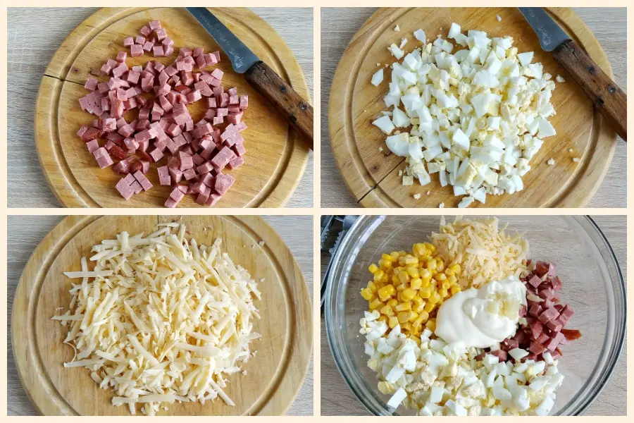 Рецепт салата с колбасой, сыром и кукурузой