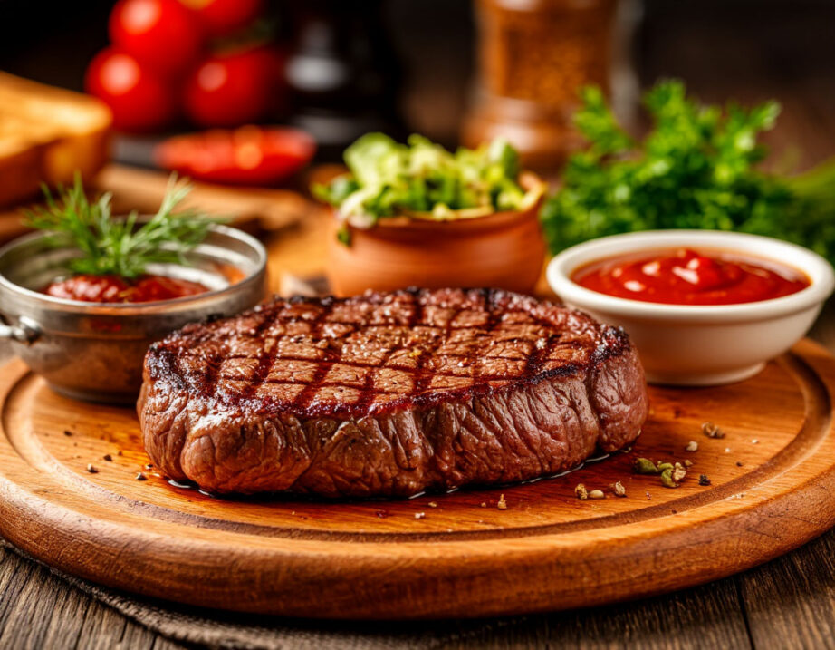 Аппетитный сочный стейк с разными соусами на деревянной доске, фон — кухня в стиле лофт