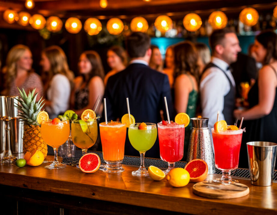 Стильная барная стойка для вечеринки с яркими коктейлями, гирляндами, фруктами и барными аксессуарами на фоне гостей