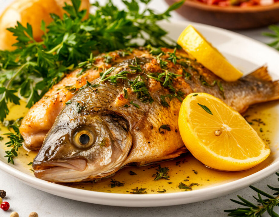 Как запечь рыбу в духовке: идеальный рецепт Аппетитная запеченная рыба с лимоном и травами на белом фоне, высокая детализация, кулинарный стиль