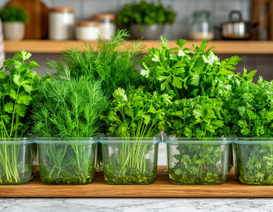 Свежая зелень, пучки укропа и петрушки в контейнерах
