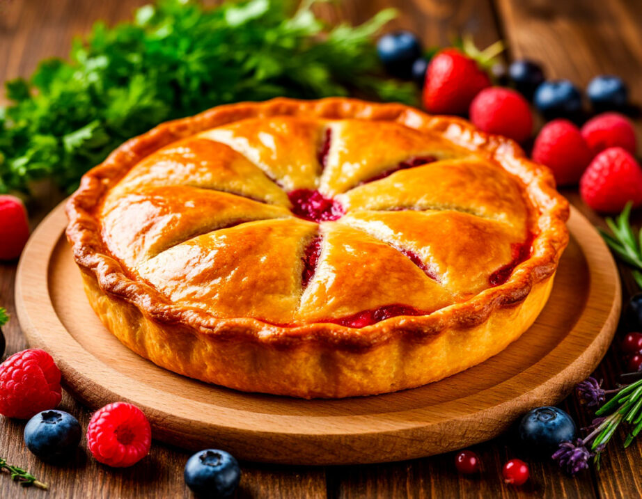 Аппетитный золотистый пирог с разноцветной начинкой на деревянной доске, рядом – свежие ягоды и зелень.