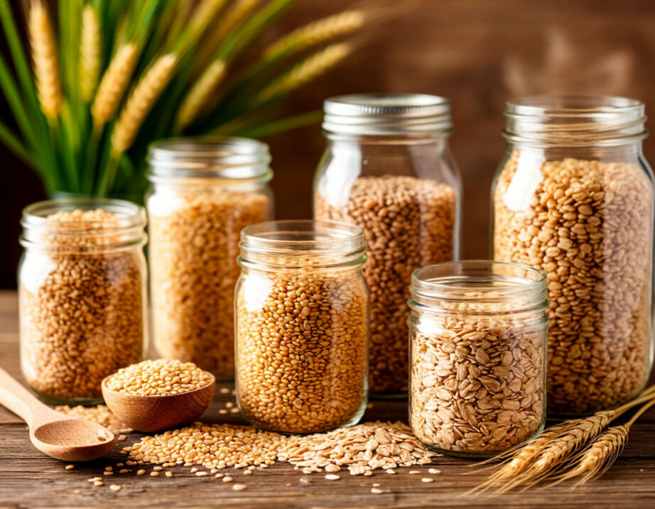 Разнообразие круп в прозрачных банках на деревянном столе, рядом ложка и пшеничные колосья. Светлый естественный фон, уютная кухонная атмосфера.