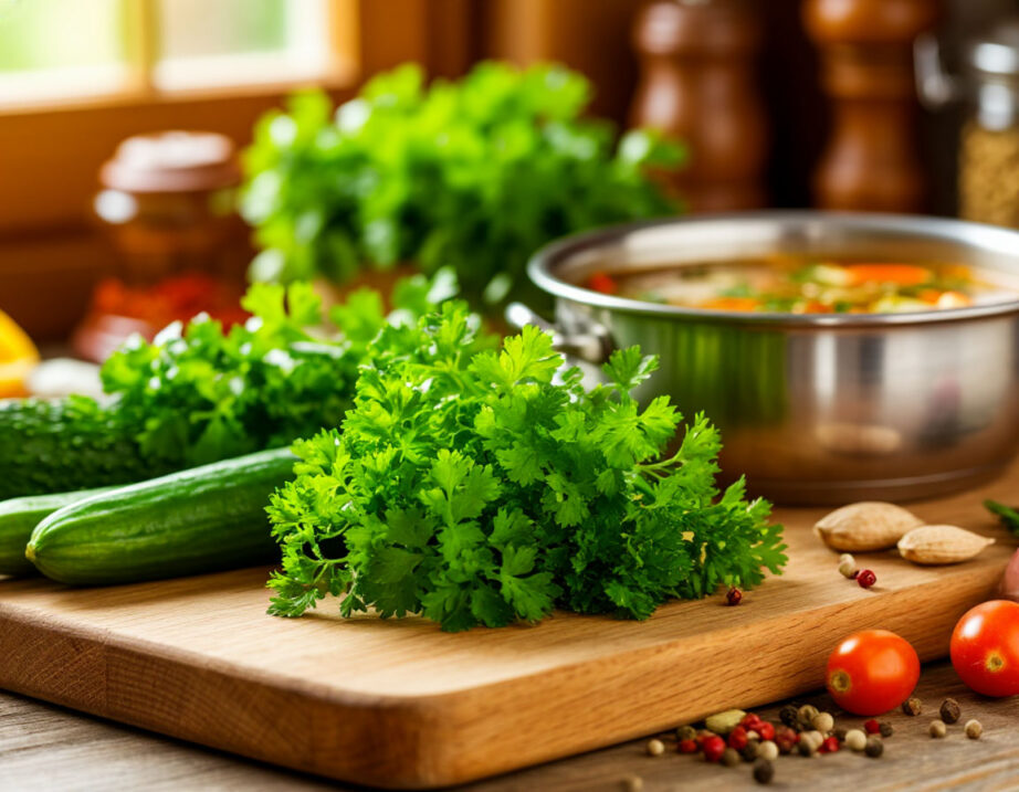 Свежий кориандр на разделочной доске рядом с кастрюлей ароматного супа, специями и овощами. Естественное освещение, уютная кухня.