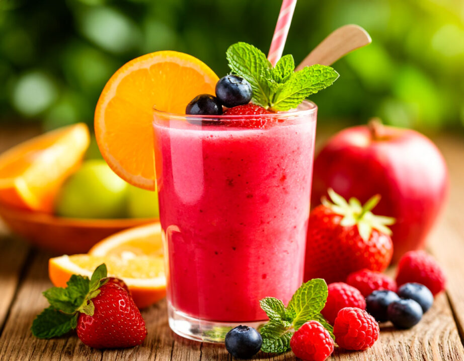 Яркий смузи в стеклянном стакане с соломинкой, украшенный свежими фруктами, ягодами и листьями мяты на деревянном столе. Естественное освещение, летнее настроение.