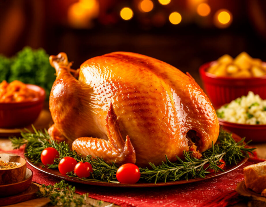 Аппетитная золотистая индейка на праздничном столе с гарнирами и зеленью, теплый уютный фон.