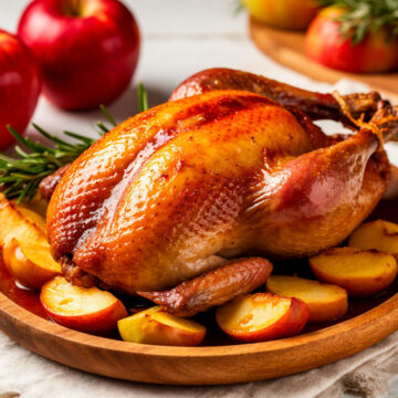 Аппетитная запеченная утка с хрустящей корочкой на белом фоне, украшенная яблоками и розмарином, в деревянной тарелке.