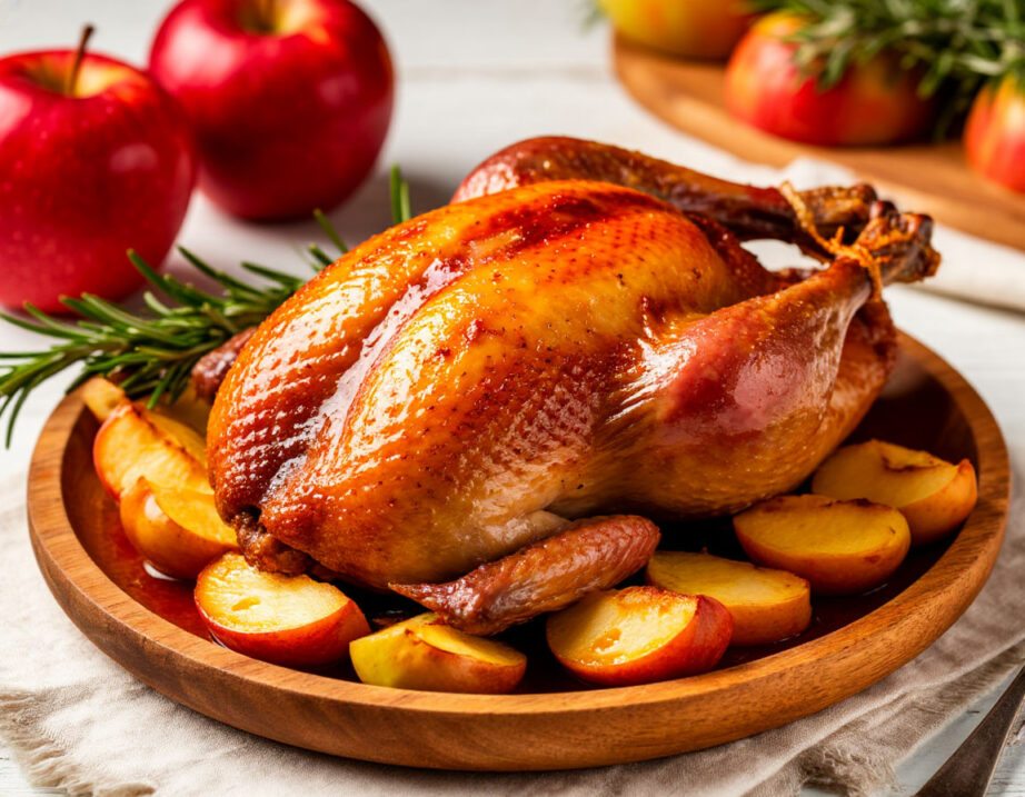 Аппетитная запеченная утка с хрустящей корочкой на белом фоне, украшенная яблоками и розмарином, в деревянной тарелке.