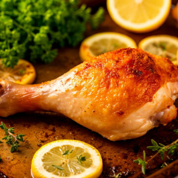 Аппетитная куриная ножка с золотистой хрустящей корочкой на противне, рядом – свежие травы и дольки лимона.