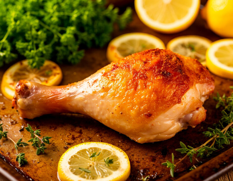 Аппетитная куриная ножка с золотистой хрустящей корочкой на противне, рядом – свежие травы и дольки лимона.