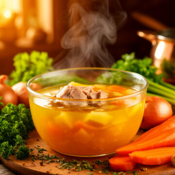 Ароматный золотистый бульон в прозрачной кастрюле, куриные и говяжьи кости, свежие овощи (морковь, лук, сельдерей), зелень. Теплый свет, уютная кухня, пар над кастрюлей.