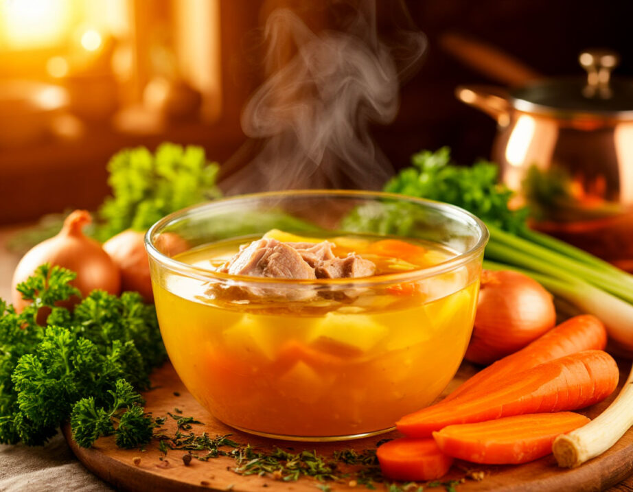 Ароматный золотистый бульон в прозрачной кастрюле, куриные и говяжьи кости, свежие овощи (морковь, лук, сельдерей), зелень. Теплый свет, уютная кухня, пар над кастрюлей.