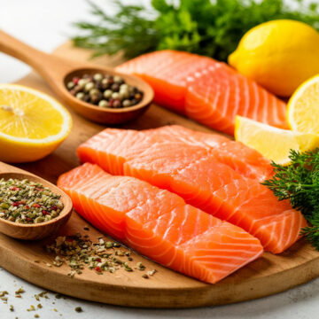 Разнообразные специи в деревянных ложках рядом с филе лосося, лимоном и зеленью на деревянной доске. Светлый фон, естественное освещение, кухня в стиле фуд-фото.