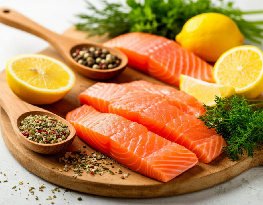 Разнообразные специи в деревянных ложках рядом с филе лосося, лимоном и зеленью на деревянной доске. Светлый фон, естественное освещение, кухня в стиле фуд-фото.