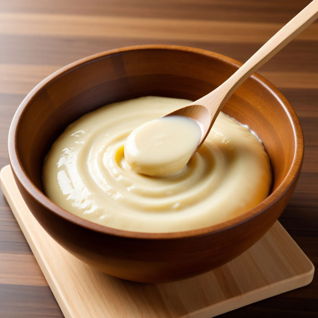 Идеально гладкое тесто в миске без комков, с деревянной ложкой