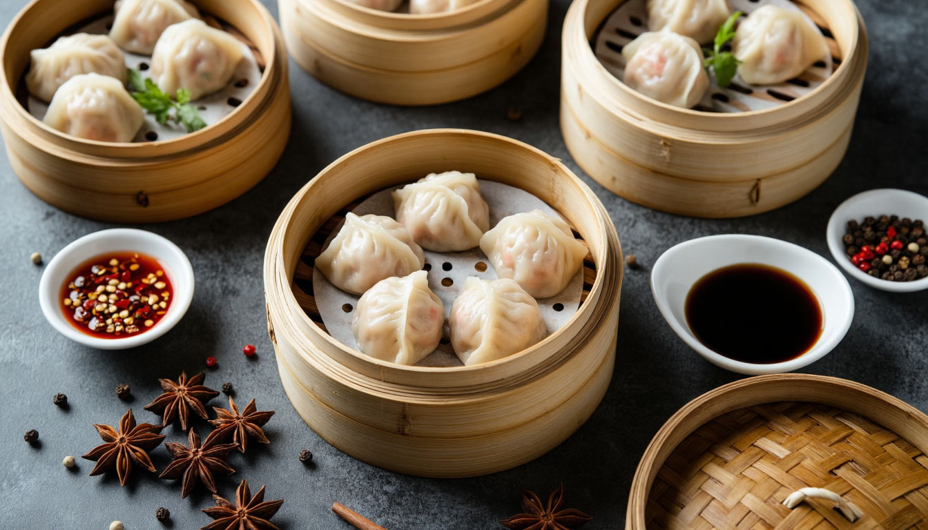 Сет шанхайских дамплингов с соусами и специями