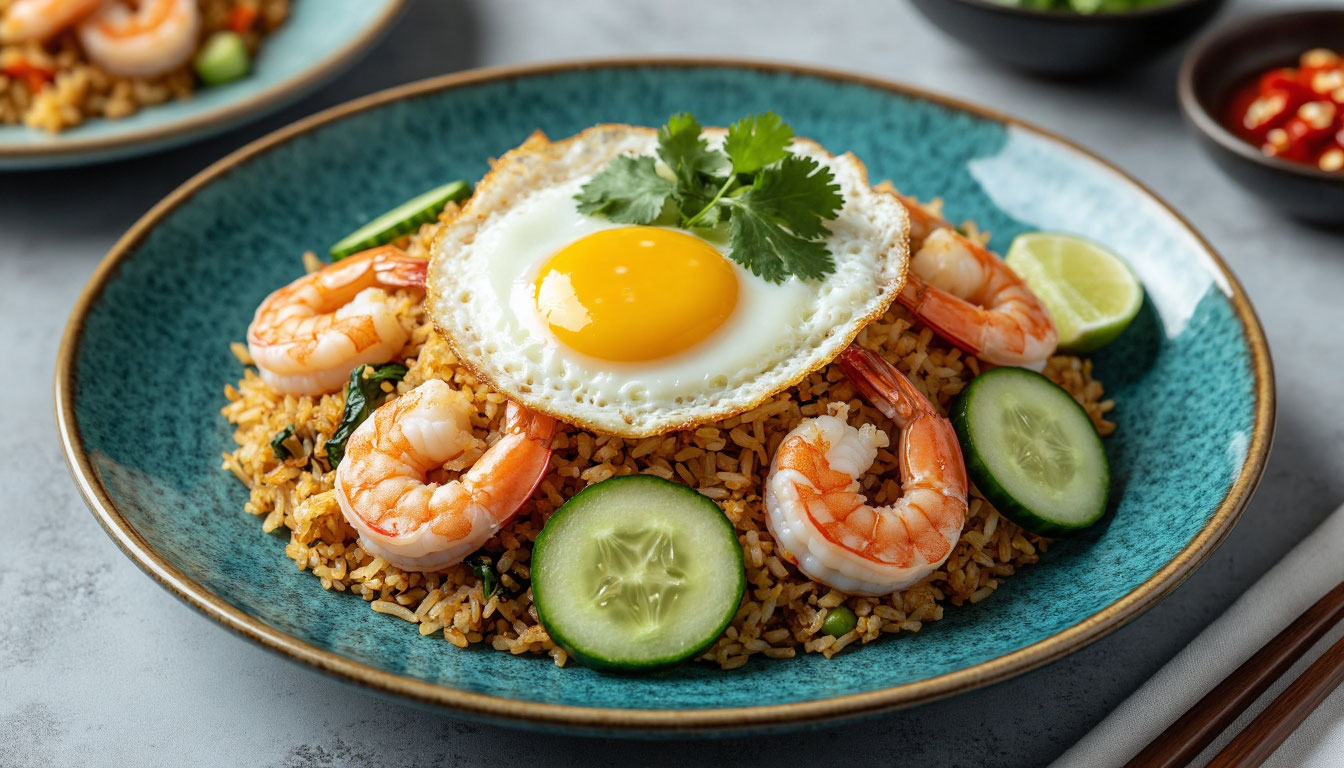 Готовый жареный рис Том Ям с креветками и яйцом