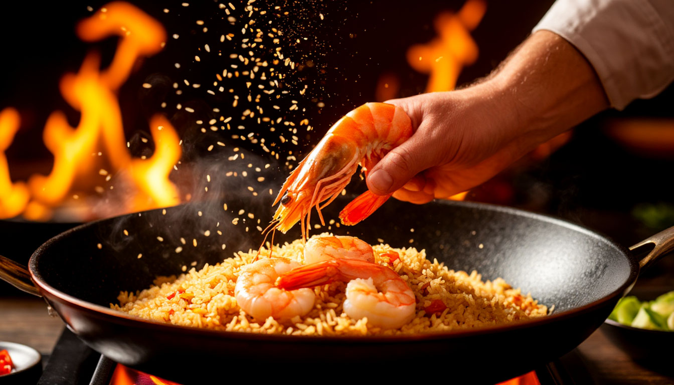 Процесс обжарки риса Том Ям в раскаленном воке