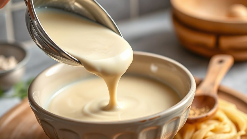 Классический соус бешамель в сотейнике со специями и мускатным орехом для приготовления лазаньи.