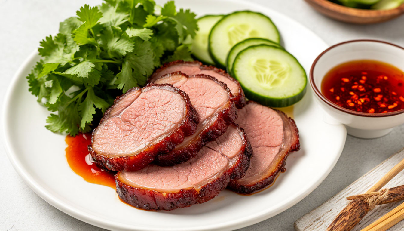 Сервировка нарезанной свинины Ча Шао с гарниром