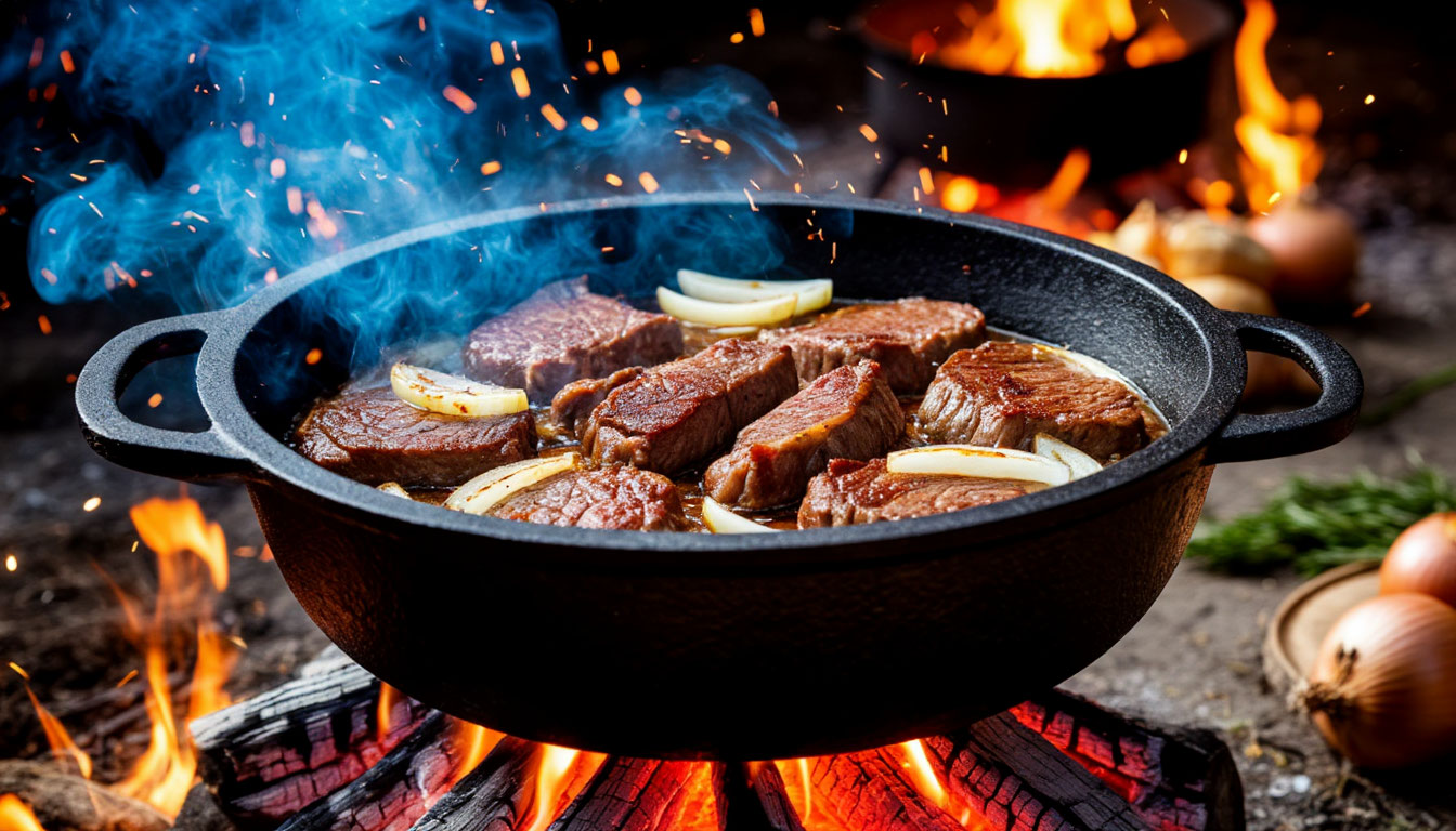 Процесс обжарки мяса с луком в казане для ковурмы