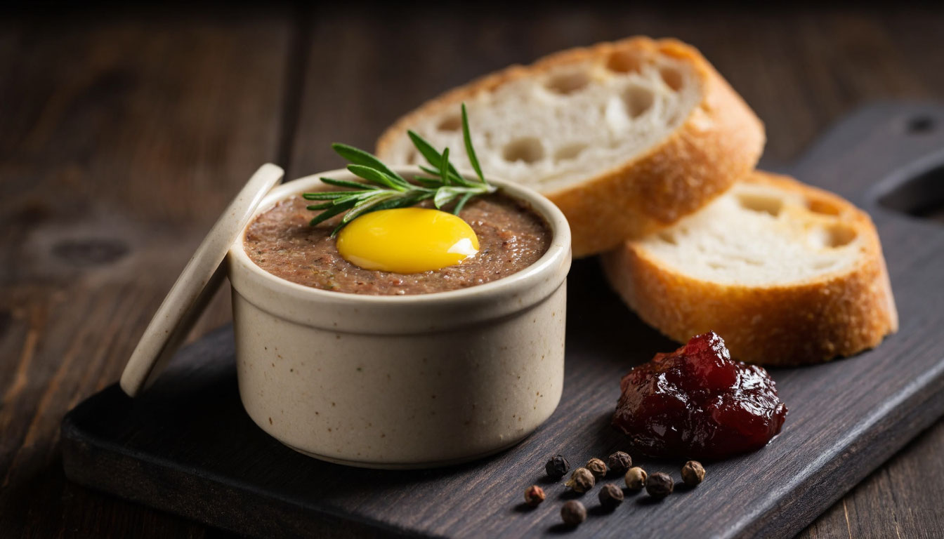 Изысканный домашний паштет из куриной печени с багетом и луковым конфитюром.