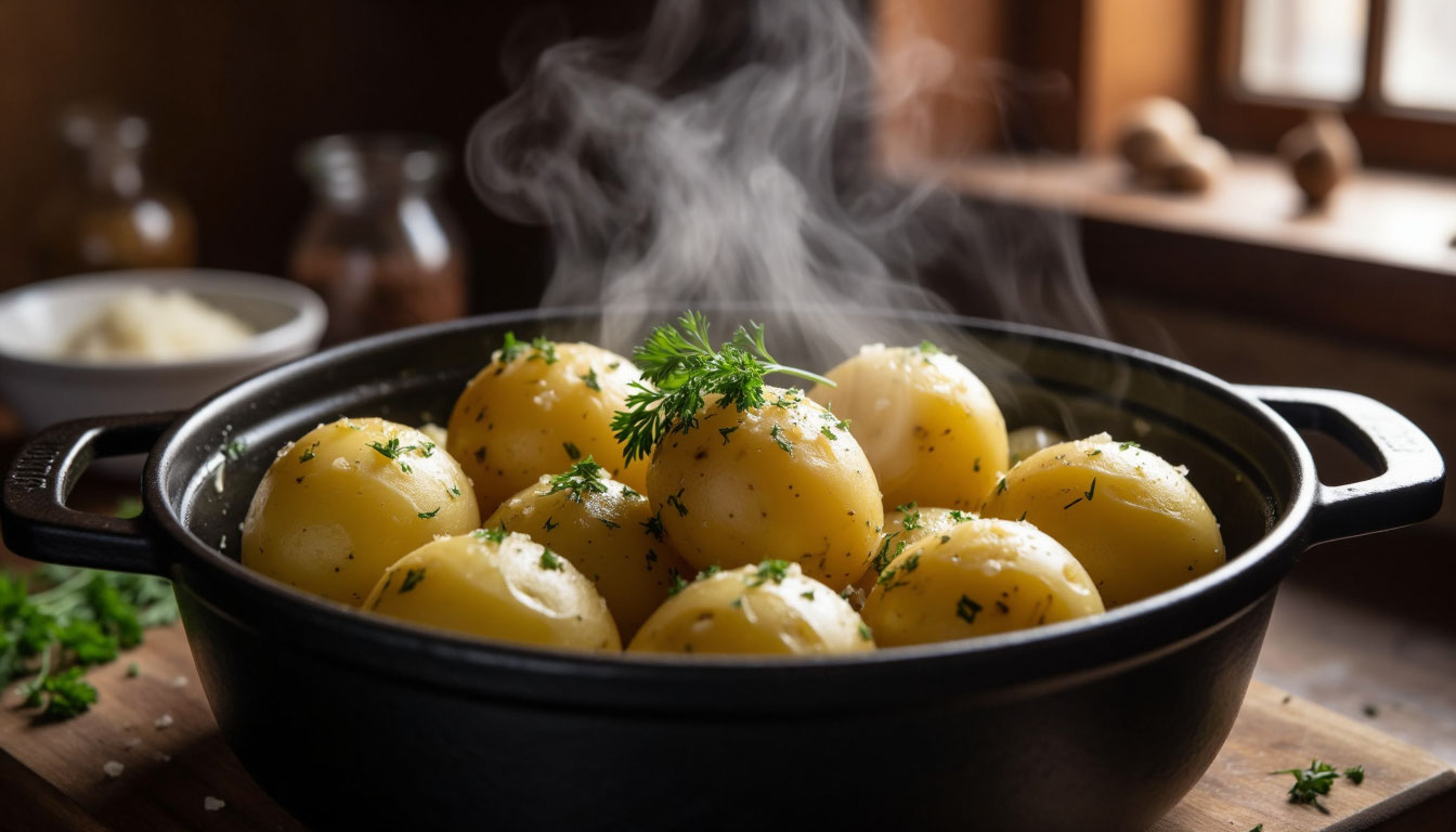 Аппетитный отварной картофель со сливочным маслом и свежим укропом в кастрюле.