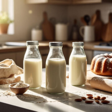 Различные виды растительного молока в стеклянных бутылках и готовая домашняя выпечка на фоне для поиска альтернатив молоку.