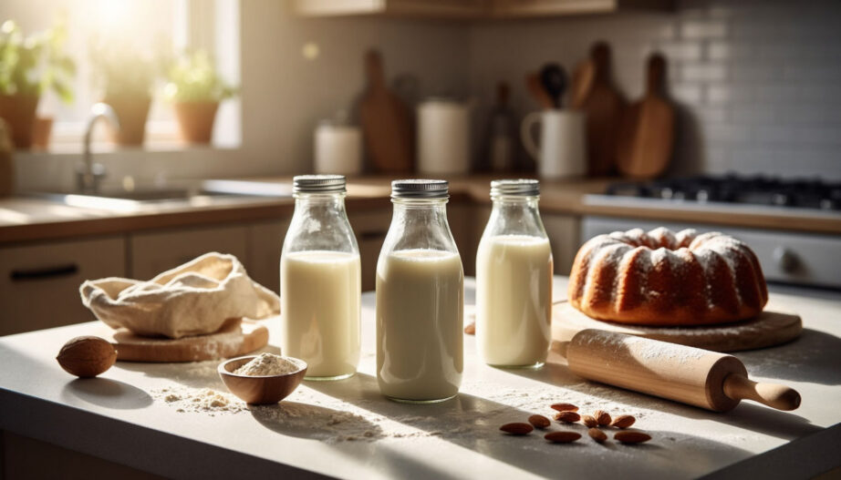 Различные виды растительного молока в стеклянных бутылках и готовая домашняя выпечка на фоне для поиска альтернатив молоку.