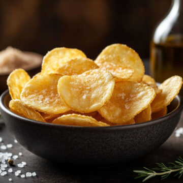 Золотистые домашние картофельные чипсы с крупной морской солью и зеленью в керамической чаше.