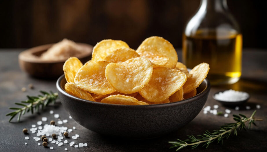 Золотистые домашние картофельные чипсы с крупной морской солью и зеленью в керамической чаше.