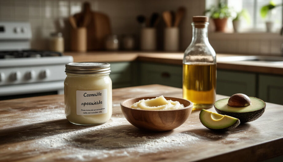 Различные варианты замены сливочного масла: кокосовое и оливковое масло, яблочное пюре и авокадо