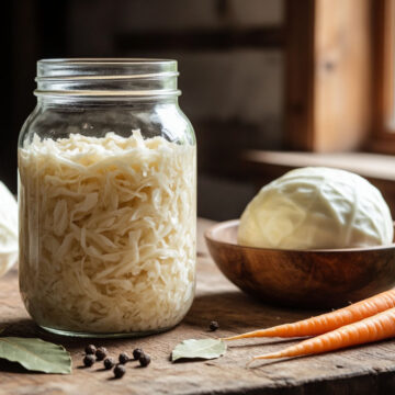 Домашняя хрустящая квашеная капуста в стеклянной банке и деревянной чаше со специями