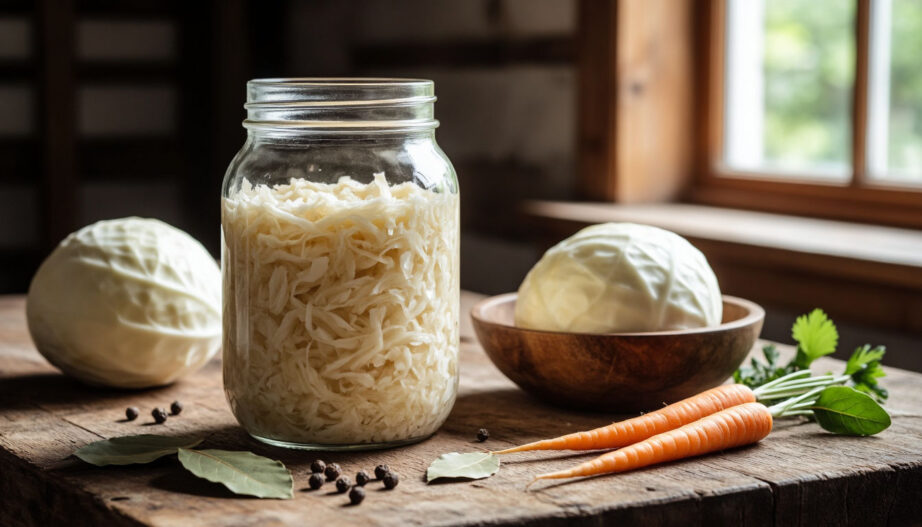 Домашняя хрустящая квашеная капуста в стеклянной банке и деревянной чаше со специями