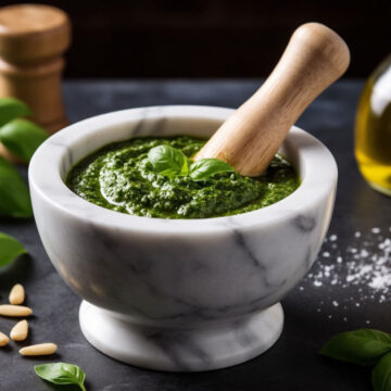 Как сделать песто в домашних условиях Свежеприготовленный зеленый соус песто в мраморной ступке с базиликом, кедровыми орехами и сыром пармезан.