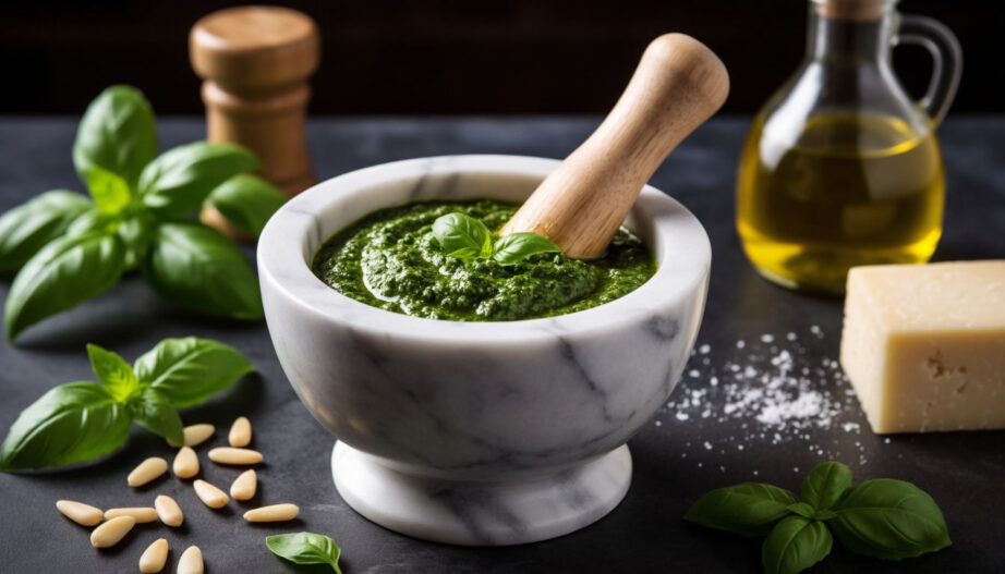 Свежеприготовленный зеленый соус песто в мраморной ступке с базиликом, кедровыми орехами и сыром пармезан.