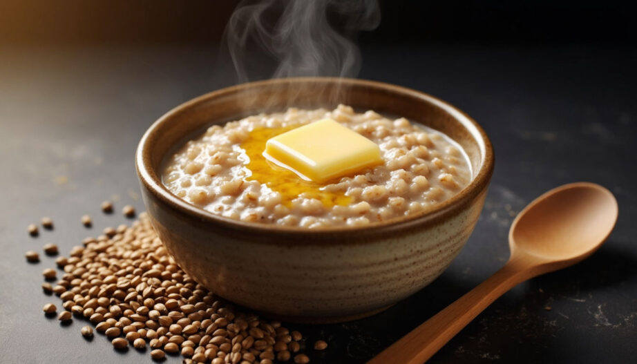 Рассыпчатая гречневая каша со сливочным маслом в глиняной тарелке