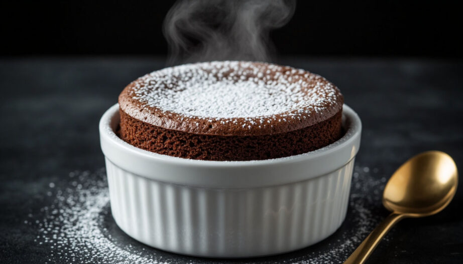 Пышное шоколадное суфле в керамической форме, посыпанное сахарной пудрой