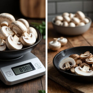 Сколько граммов грибов на порцию Взвешивание порции свежих шампиньонов на кухонных весах для точного расчета веса блюда.