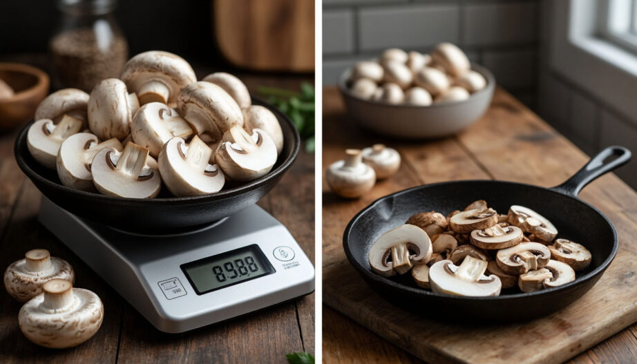Взвешивание порции свежих шампиньонов на кухонных весах для точного расчета веса блюда.