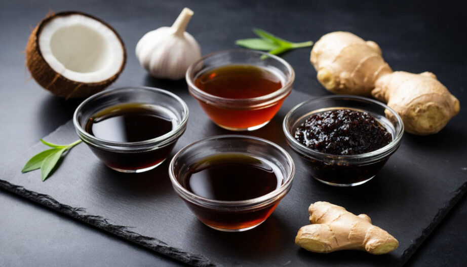 Варианты замены соевого соуса: кокосовые аминокислоты, вустерширский и рыбный соусы в мисках